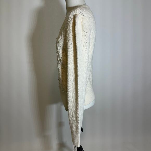 NWT Nanette Lepore Cream Pearl Bead Knit V-Neck Sweater Womens Large L Coquette - Picture 5 of 10